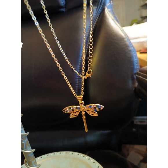 Gold Dragonfly Earrings & Necklace Rhinestones Jewelry Set - Picture 6 of 10